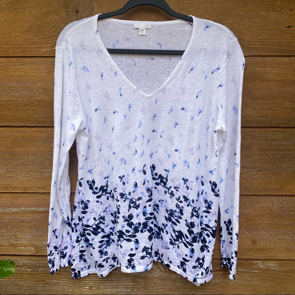 J. Jill Lightweight White V-neck Sweater with Blue and Purple Flowers